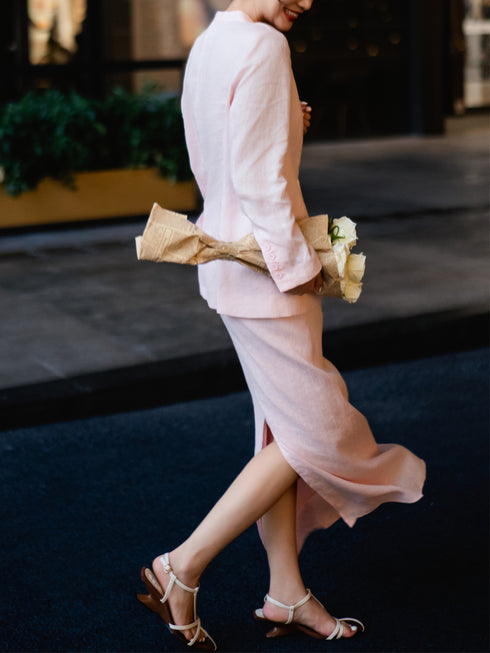 Casual Professional Set – Autumn Pink Linen Blazer & Skirt Two-Piece