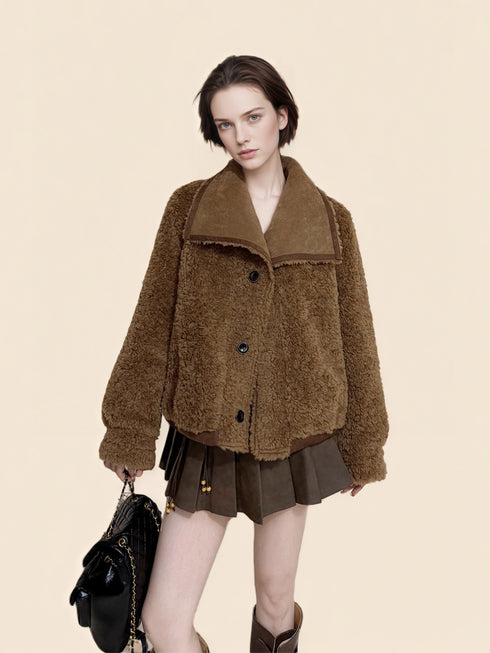 Reversible Suede-Finish Coat for Women – Faux Shearling Lined Winter Short Jacket with Lapel Collar