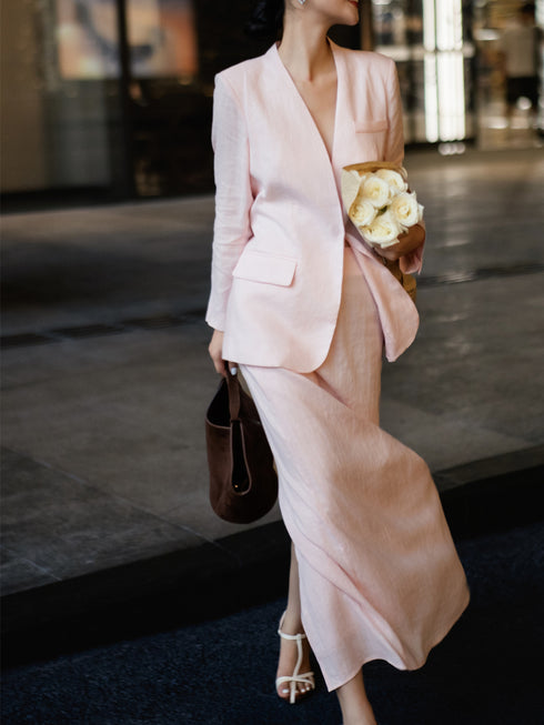 Casual Professional Set – Autumn Pink Linen Blazer & Skirt Two-Piece