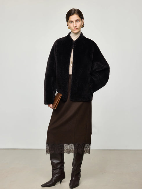 Italian VBC Wool Flannel Skirt for Women | French Lace, Elastic Waist, Straight Midi Skirt