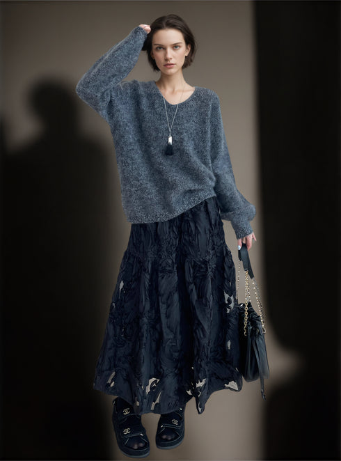 Women’s 100% Wool Brushed Knit Sweater | Seamless Two-Tone V-Neck Pullover with Soft Fuzzy Texture