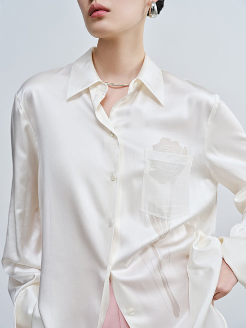 Original Rose Print Blouse | Elegant Loose-Fit Commuter Shirt in Fluid Acetate Fabric