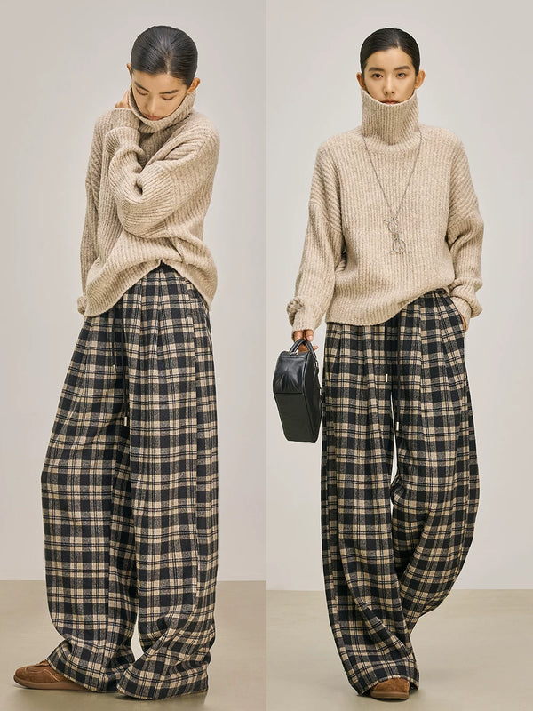 Women's Winter Mocha Plaid Patchwork Wool Wide-Leg Pants – Draped Casual Loose Straight Trousers
