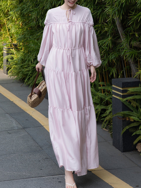 Autumn French Vacation Dress – Pink Drawstring Tie Waist & Lantern Sleeves