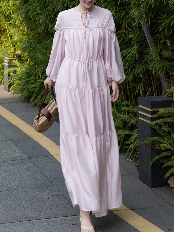 Autumn French Vacation Dress – Pink Drawstring Tie Waist & Lantern Sleeves