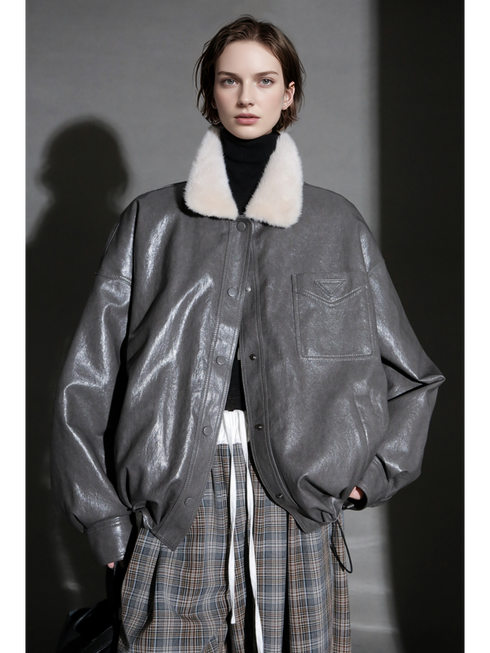 Luxury Sheepskin Down Jacket – Short Oil-Wax Leather Coat with Mink Fur Collar & Goose Down Fill, Winter Outerwear