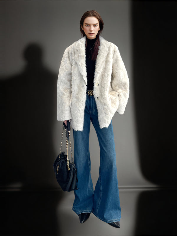 Women’s Faux Shearling Blazer Coat with V-Neck | Chic Bouclé Style Eco Fur Jacket for Winter