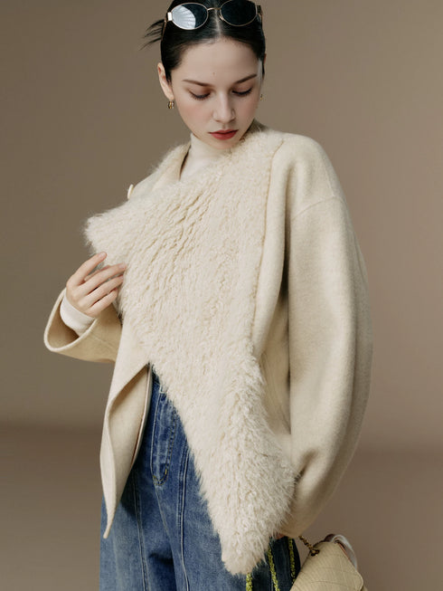 Women's Elegant Two-Tone Pure Wool Double-Faced Coat with Faux Fur Texture – Eco-Friendly Winter Overcoat