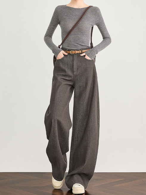 Amber Flow Tencel Brown Curved-Leg Wide-Leg Denim Pants for Women – Thickened Sickle-Cut Jeans for Fall & Winter