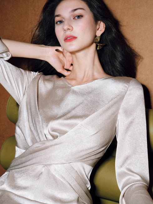 Luxury Shiny Bubble Satin Ruched Wrap Dress for Women – Hand-Pleated Tie-Waist Slim Fit Elegant Outfit