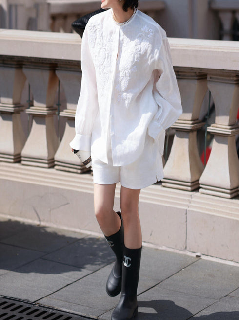 Early Autumn Minimalist Blouse – Round Neck with Heavy Beaded Embroidery