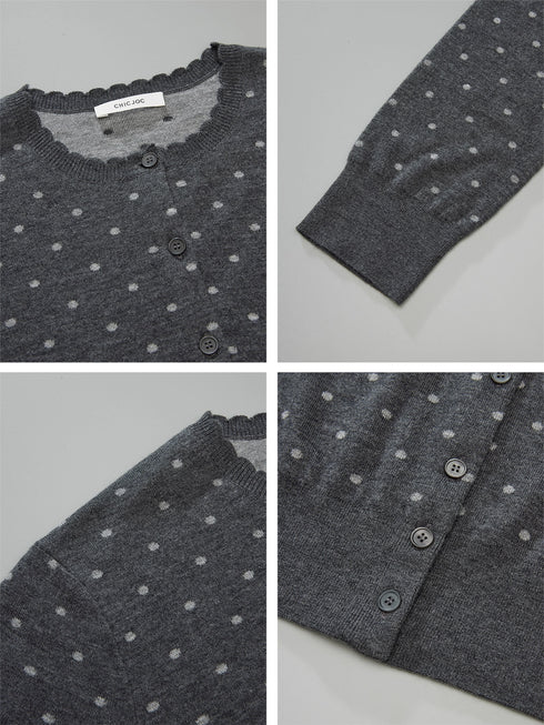 Vintage Double-Layer Jacquard Polka Dot Cardigan | Mercerized Wool Petal-Collar Knit