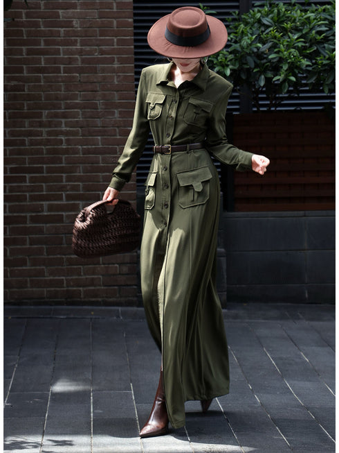 French Style Trench Coat Dress – Button Down Long Sleeve Autumn Casual Midi Dress for Women