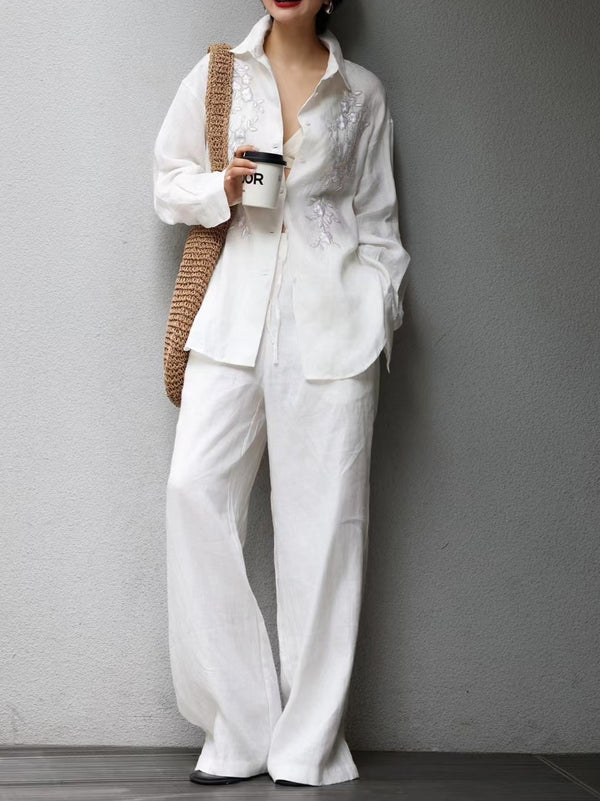 High-Fashion Tailored Linen Set – Heavy Embroidery & Beaded Loose Shirt & Wide-Leg Pants Two-Piece
