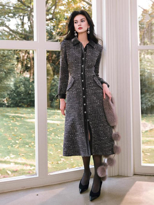 Shiny Wool Tweed Mid-Length Dress for Office & Party – Elegant Chic Women's Outfit