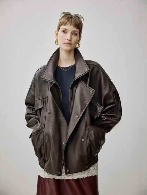2025 Fall/Winter Women’s Vintage Sheepskin Leather Jacket – Double-Layer Lapel & Structured Panel Design