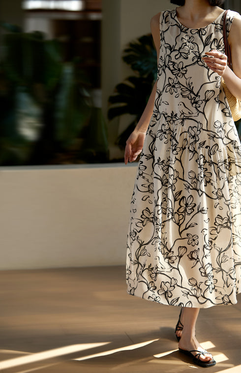 Ink-Dye Tencel Linen Sleeveless Dress – Loose Fit, Round Neck, Artistic Style