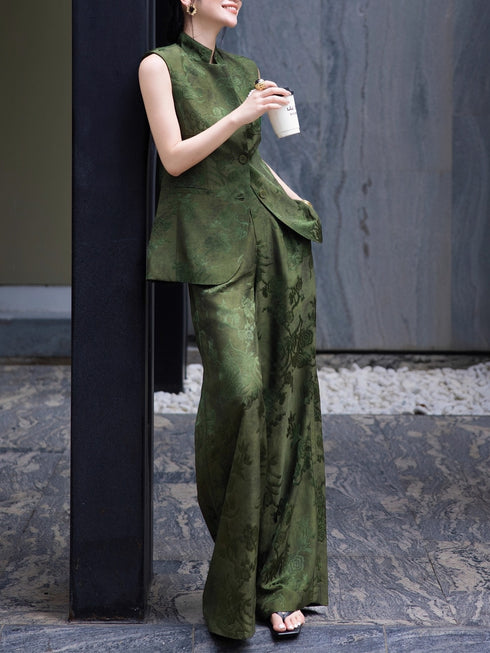Acetate Jacquard Vest + Wide-Leg Pants Set