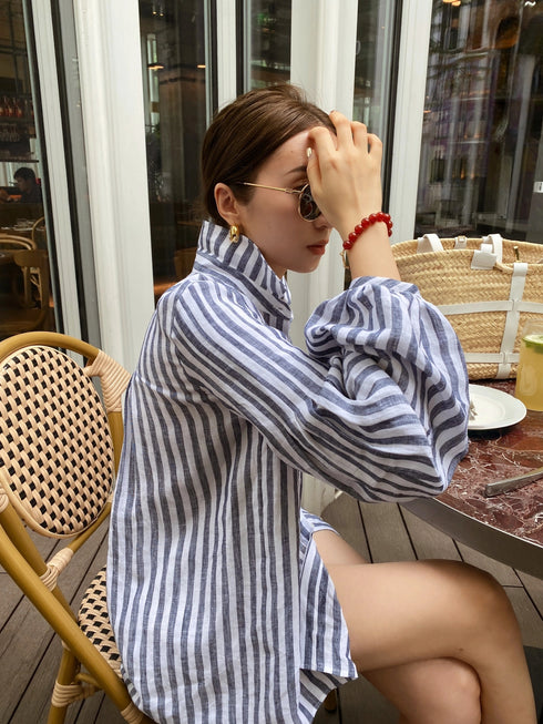 Vintage Blue Striped Long Sleeve Shirt for Women2025Summer New,Unique Design with a Sense of Sophistication and Casual Style