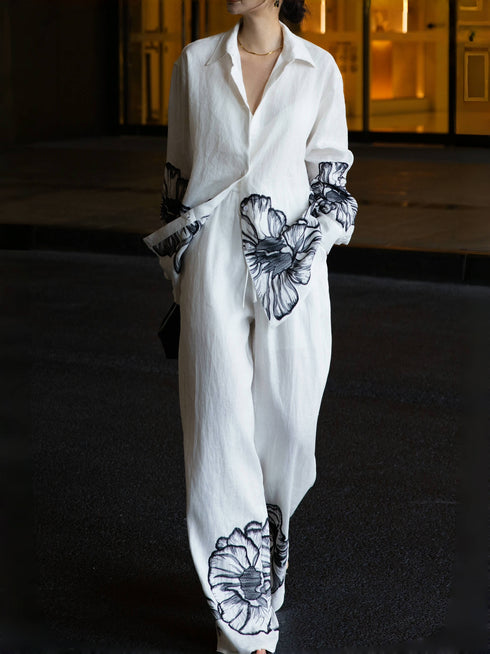 Linen Two-Piece Set – Watercolor Lotus Embroidered Shirt & Wide-Leg Pants