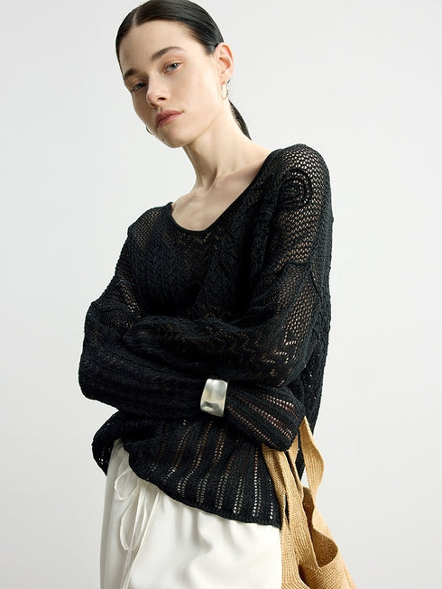 Cutout Thin Knit Cardigan & Sheer Crochet Blouse with Paper Yarn T-Shirt – Metal-Free Accessories