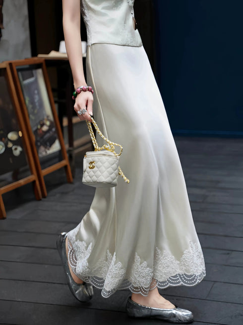 Acetate Satin Lace-Trim Bias-Cut Mermaid Midi Skirt – Elegant High-Waisted Fishtail Skirt