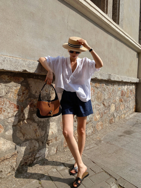 Fashion Outfit Women's Wear2025New White Linen Shirt and Denim Shorts Two-Piece Set,Casual and Relaxed Style