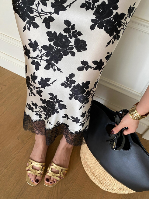 Elegant Acetate Midi Skirt with Floral Print & Eyelash Lace