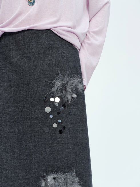Hand-Beaded Wool A-Line Midi Skirt with Rare Imported Turkey Feathers | Luxury One-Piece Design