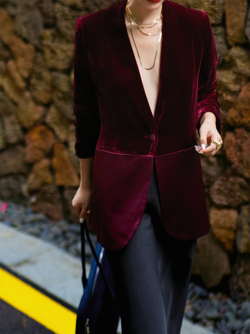 Luxurious Silk Velvet-Panelled Acetate Blazer – Autumn Versatile Single Suit Jacket