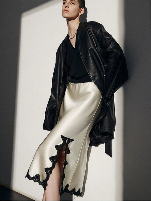 French Elegant Acetate Lace Slit Midi Skirt — Boudoir-Inspired Custom Craft Skirt for Women