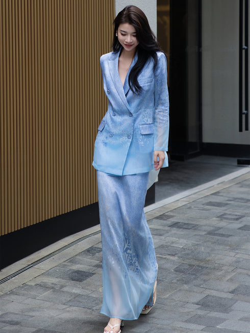 High-End Vintage Jacquard Two-Piece Set – Blue Blazer & Straight Mesh Skirt for Women