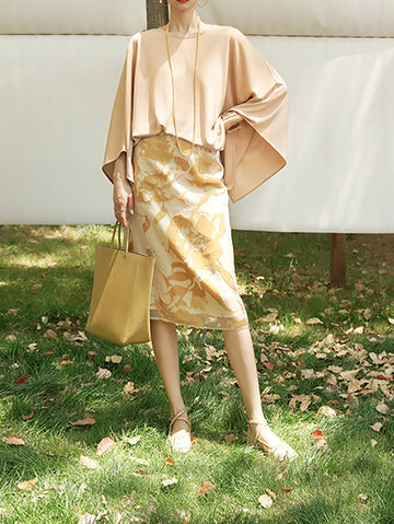 Mocha Mousse Autumn Ready – Effortless Cape Sweater & Velvet Midi Skirt Set