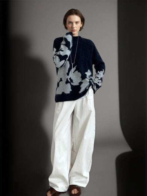 Women’s Wool Cashmere Jacquard Knit Sweater | Soft Brushed Pullover with Relaxed Fit for Fall Winter