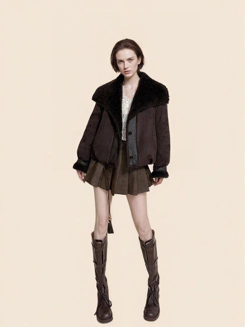 Reversible Suede-Finish Coat for Women – Faux Shearling Lined Winter Short Jacket with Lapel Collar