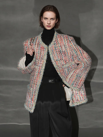 Luxury Tweed Short Jacket for Women – Handwoven Colorful Yarn Chanel-Inspired Round Neck Blazer, Autumn Fashion