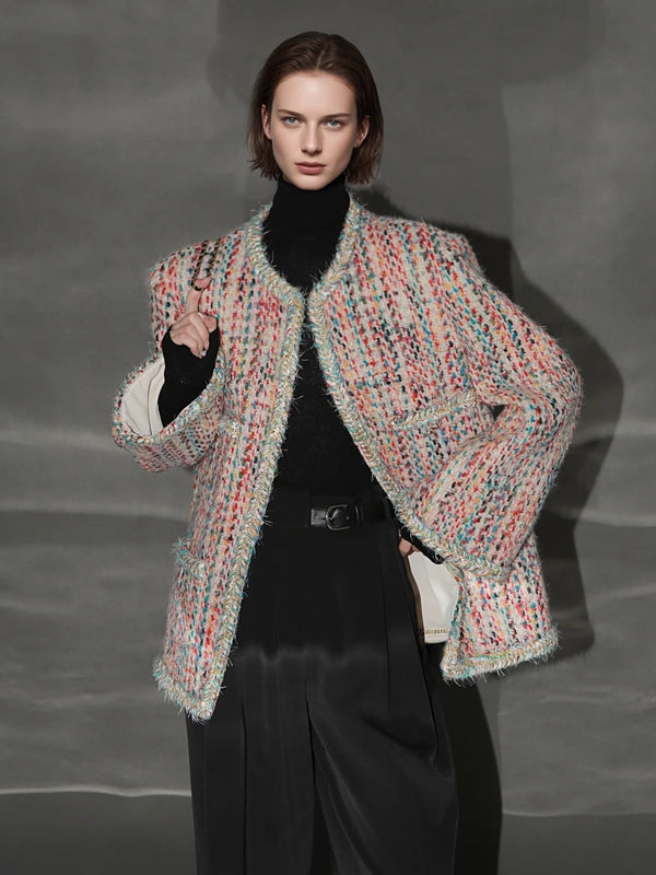 Luxury Tweed Short Jacket for Women – Handwoven Colorful Yarn Chanel-Inspired Round Neck Blazer, Autumn Fashion