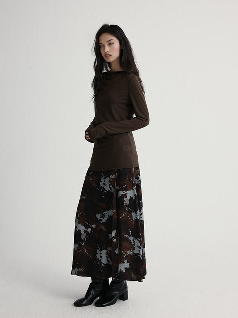 Marble Print Side Slit A-Line Skirt | Elastic Waist Long Midi Skirt