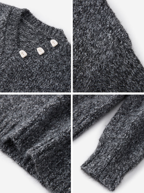Textured Mélange Knit Sweater with Detachable Scarf | Relaxed H-Silhouette Drop-Shoulder V-Neck Pullover for Women