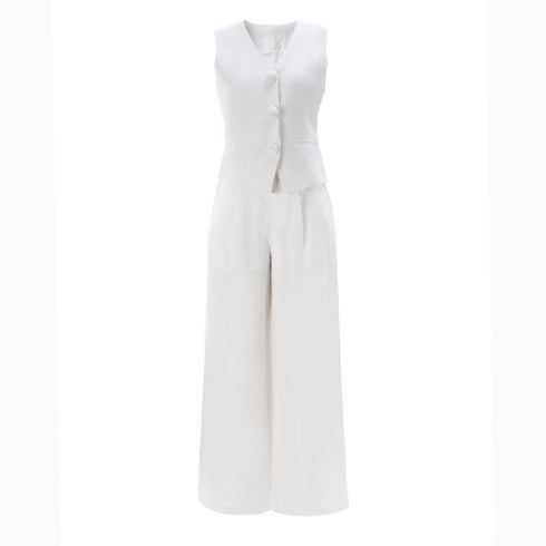 Women’s Linen Two-Piece Set – Rose Button Vest Top & Wide-Leg Pants, Casual Old Money Style