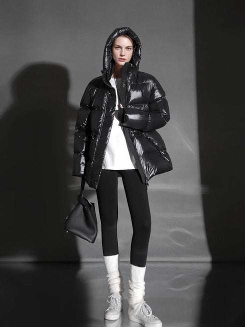 Glossy Hooded Down Jacket for Women | Water-Repellent Windproof Insulated Short Puffer Coat