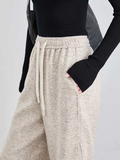 Women's Wool Wide-Leg Sweatpants – Thick Fall/Winter Gray Casual Lounge Joggers with Draped Fit