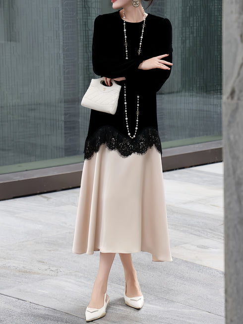 Casual Round Neck Long-Sleeve Dress – Silk & Lace Patchwork, Color Blocking, Loose Fit