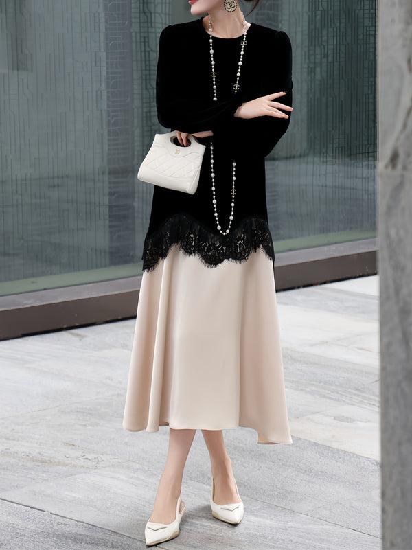 Casual Round Neck Long-Sleeve Dress – Silk & Lace Patchwork, Color Blocking, Loose Fit