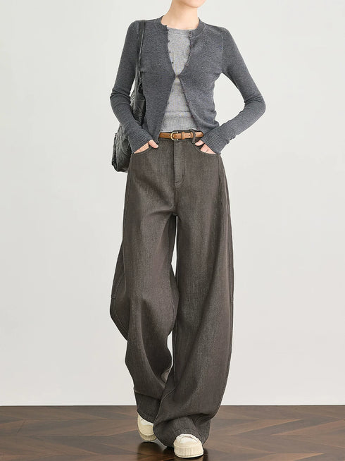 Amber Flow Tencel Brown Curved-Leg Wide-Leg Denim Pants for Women – Thickened Sickle-Cut Jeans for Fall & Winter