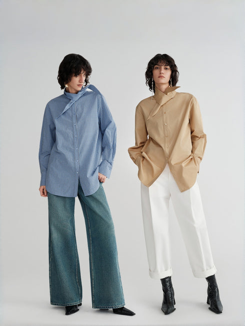 Designer Cotton Scissor-Collar Shirt | Two-Way Tie-Waist Oversized Blouse in Pure Combed Cotton