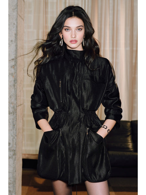 Lustrous Silk Brocade Coat – Stand Collar, Waist-Cinching with Structural Pockets