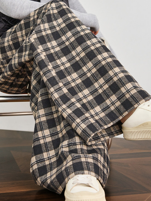 Women's Winter Mocha Plaid Patchwork Wool Wide-Leg Pants – Draped Casual Loose Straight Trousers