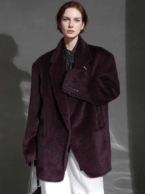 Luxury Suri Baby Alpaca Wool Coat for Women – Tailored Blazer Collar Winter Jacket, Elegant Wool & Fur-Blend Outerwear