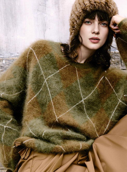 Cozy Heavyweight Brushed 100% Cashmere Diamond-Pattern Sweater for Women — Festive Christmas Knit